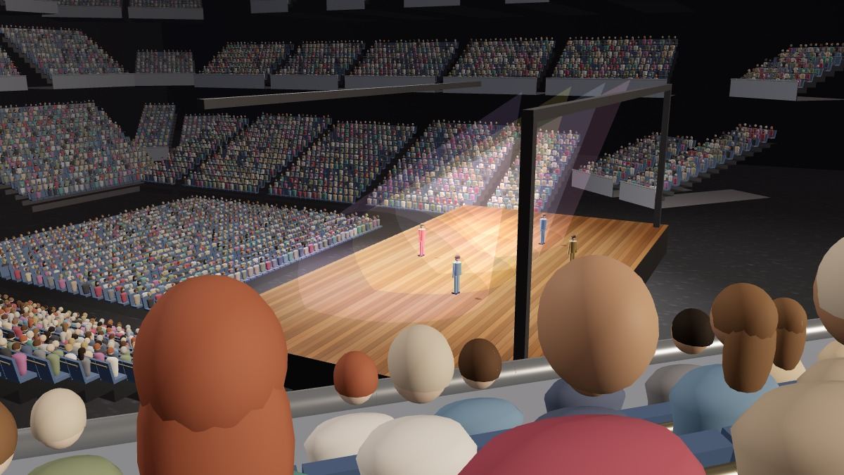 Sinan Erdem Spor Salonu 301 Blok koltuklarından sahne görünümü (3B çizim)
